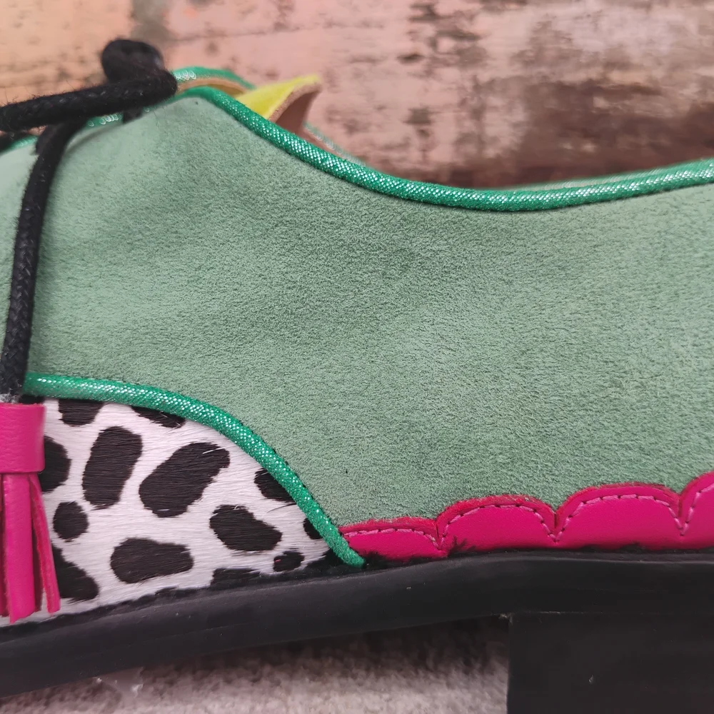 Green Multicolor Handmade Leather Suede Cow Print Oxford Fringe Shoes Size 6-8.5 - Picture 4 of 13
